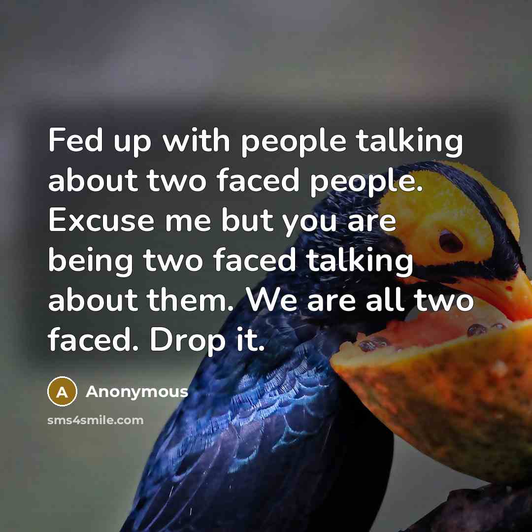 “Fed up with people talking about two faced people. Excuse me but you are being two faced talking about them. We are all two faced. Drop it.” quote by Anonymous