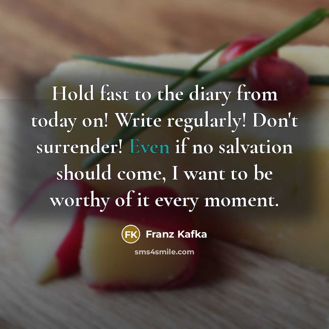 “Hold fast to the diary from today on! Write regularly! Don't surrender! Even if no salvation should come, I want to be worthy of it every moment.” quote by Franz Kafka