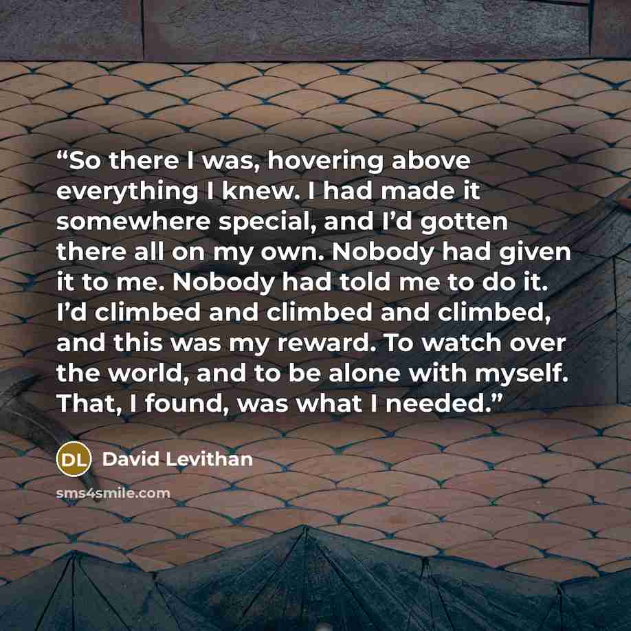 “So there I was, hovering above everything I knew. I had made it somewhere special, and I’d gotten there all on my own. Nobody had given it to me. Nobody had told me to do it. I’d climbed and climbed and climbed, and this was my reward. To watch over the world, and to be alone with myself. That, I…” quote by David Levithan