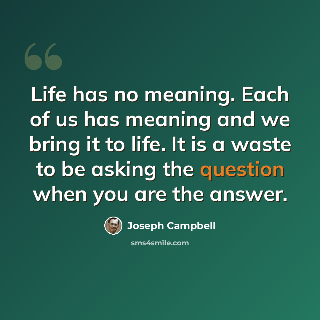 “Life has no meaning. Each of us has meaning and we bring it to life. It is a waste to be asking the question when you are the answer.” quote by Joseph Campbell