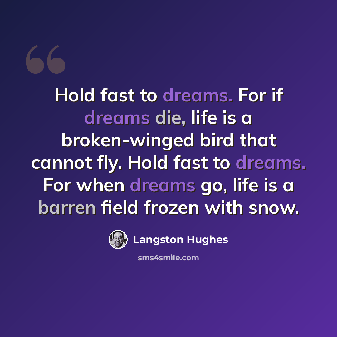 “Hold fast to dreams. For if dreams die, life is a broken-winged bird that cannot fly. Hold fast to dreams. For when dreams go, life is a barren field frozen with snow.” quote by Langston Hughes