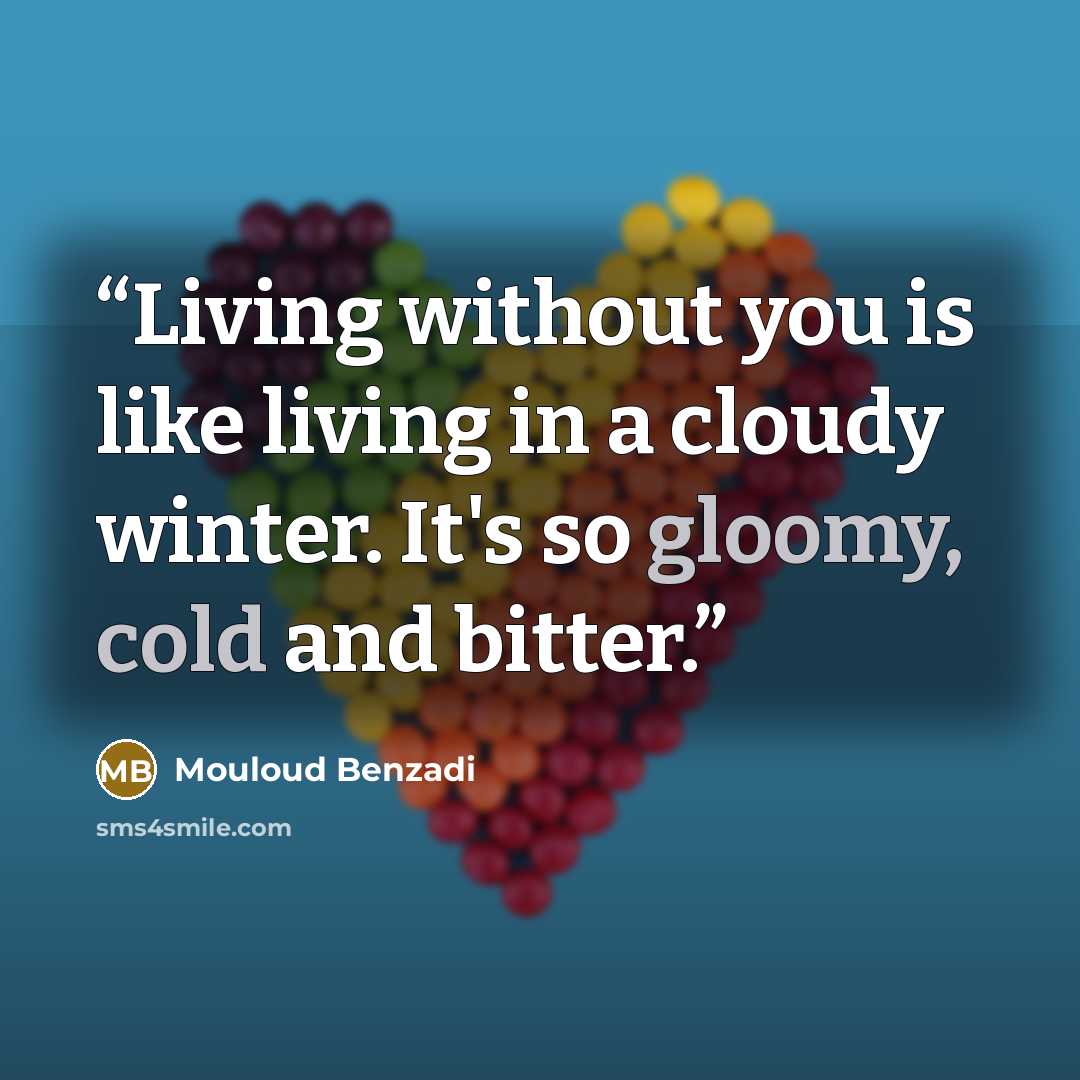 “Living without you is like living in a cloudy winter. It's so gloomy, cold and bitter.” quote by Mouloud Benzadi