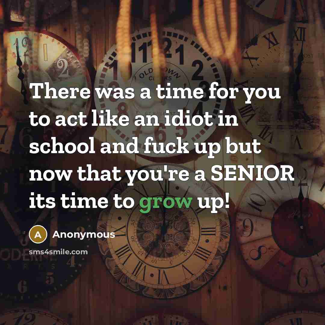 “There was a time for you to act like an idiot in school and fuck up but now that you're a SENIOR its time to grow up!” quote by Anonymous