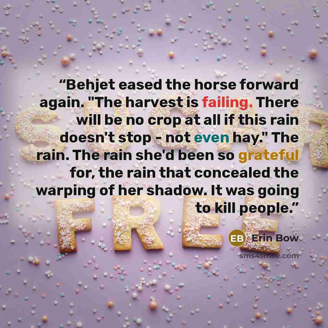 “Behjet eased the horse forward again. "The harvest is failing. There will be no crop at all if this rain doesn't stop - not even hay." The rain. The rain she'd been so grateful for, the rain that concealed the warping of her shadow. It was going to kill people.” quote by Erin Bow