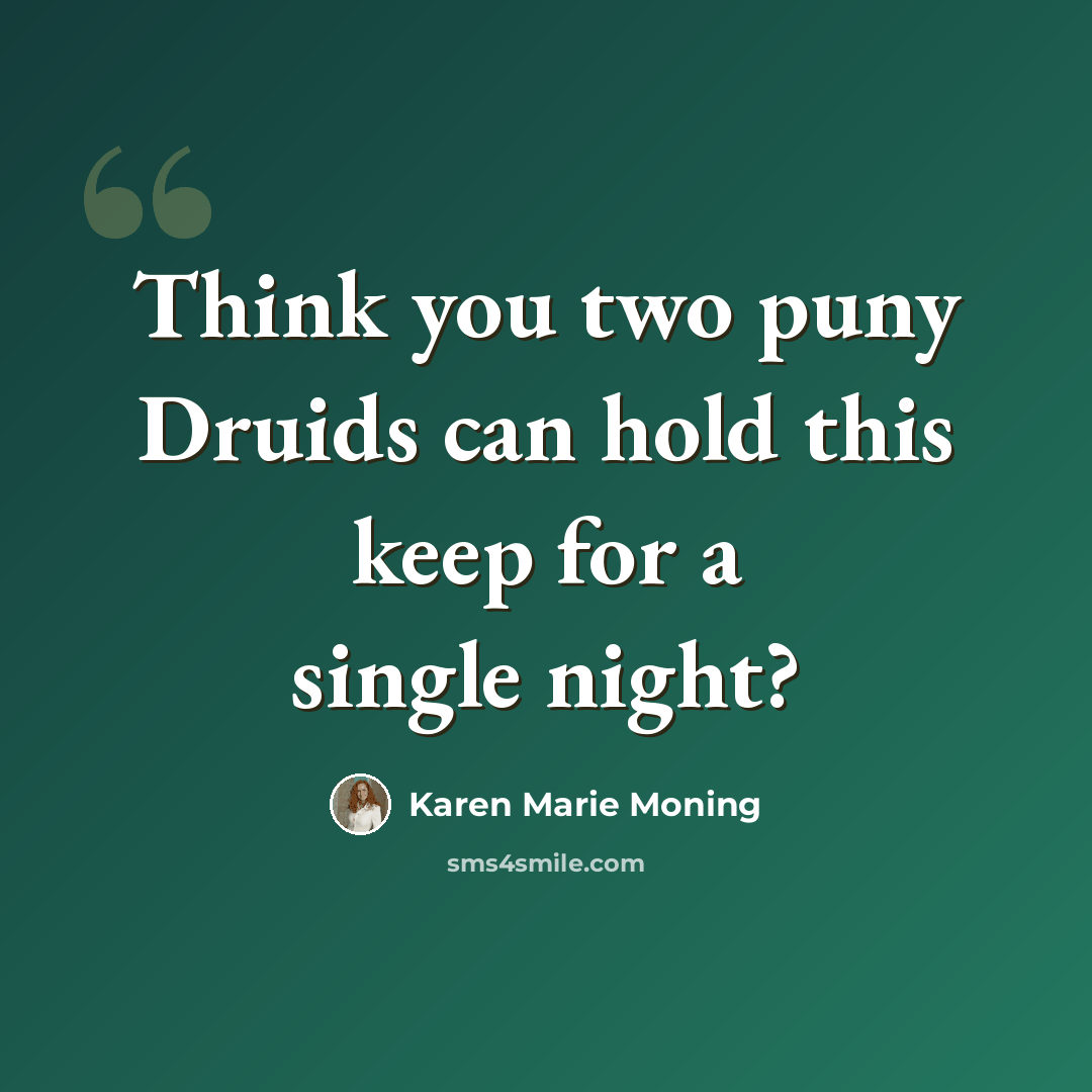 “Think you two puny Druids can hold this keep for a single night?” quote by Karen Marie Moning