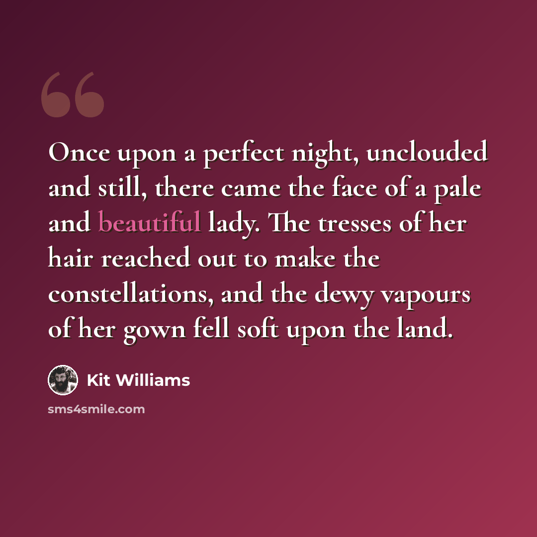 “Once upon a perfect night, unclouded and still, there came the face of a pale and beautiful lady. The tresses of her hair reached out to make the constellations, and the dewy vapours of her gown fell soft upon the land.” quote by Kit Williams