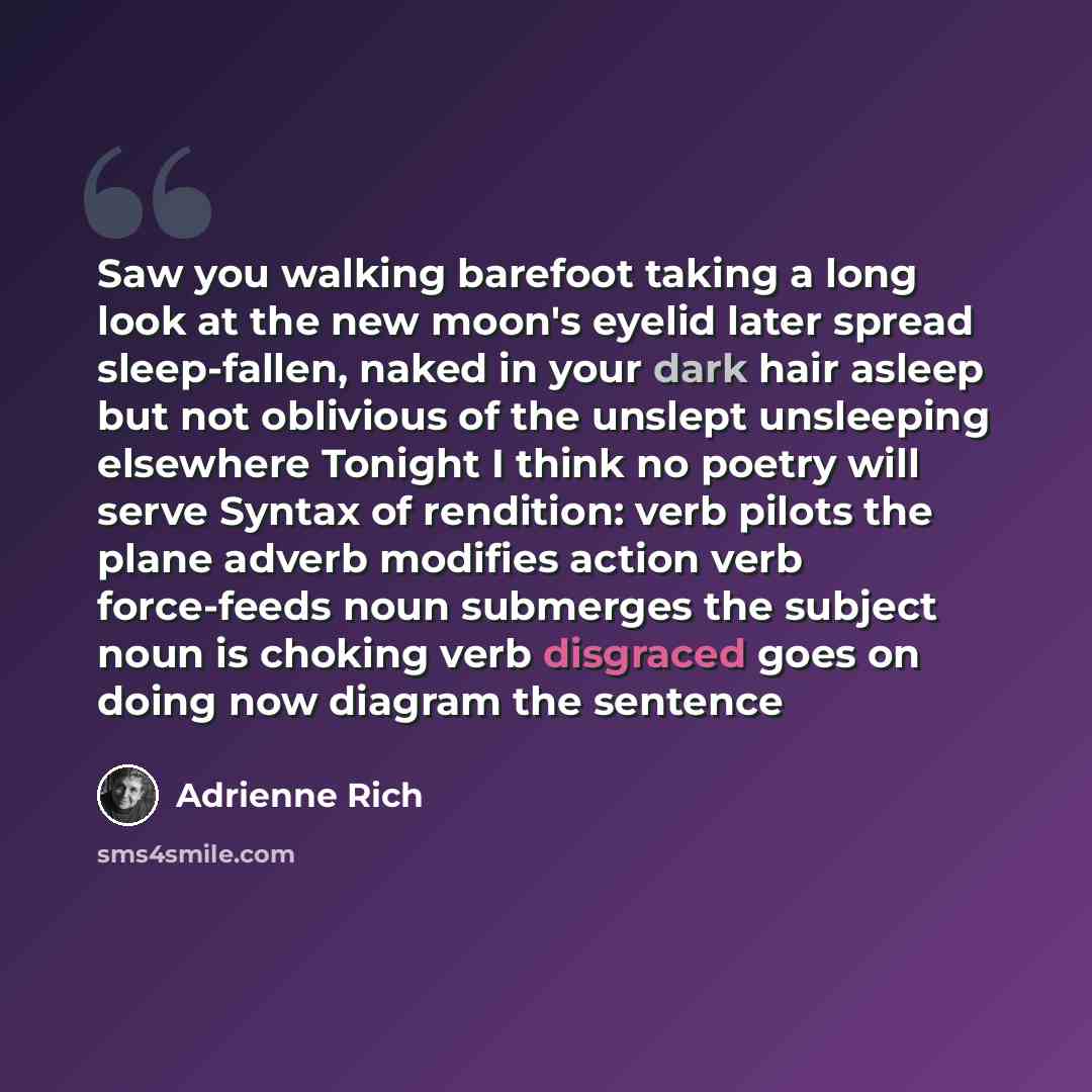 “Saw you walking barefoot taking a long look at the new moon's eyelid later spread sleep-fallen, naked in your dark hair asleep but not oblivious of the unslept unsleeping elsewhere Tonight I think no poetry will serve Syntax of rendition: verb pilots the plane adverb modifies action verb…” quote by Adrienne Rich