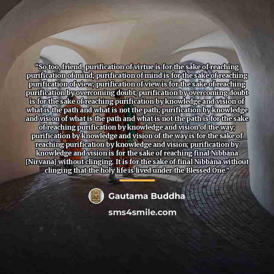 “So too, friend, purification of virtue is for the sake of reaching purification of mind; purification of mind is for the sake of reaching purification of view; purification of view is for the sake of reaching purification by overcoming doubt; purification by overcoming doubt is for the sake of…” quote by Gautama Buddha