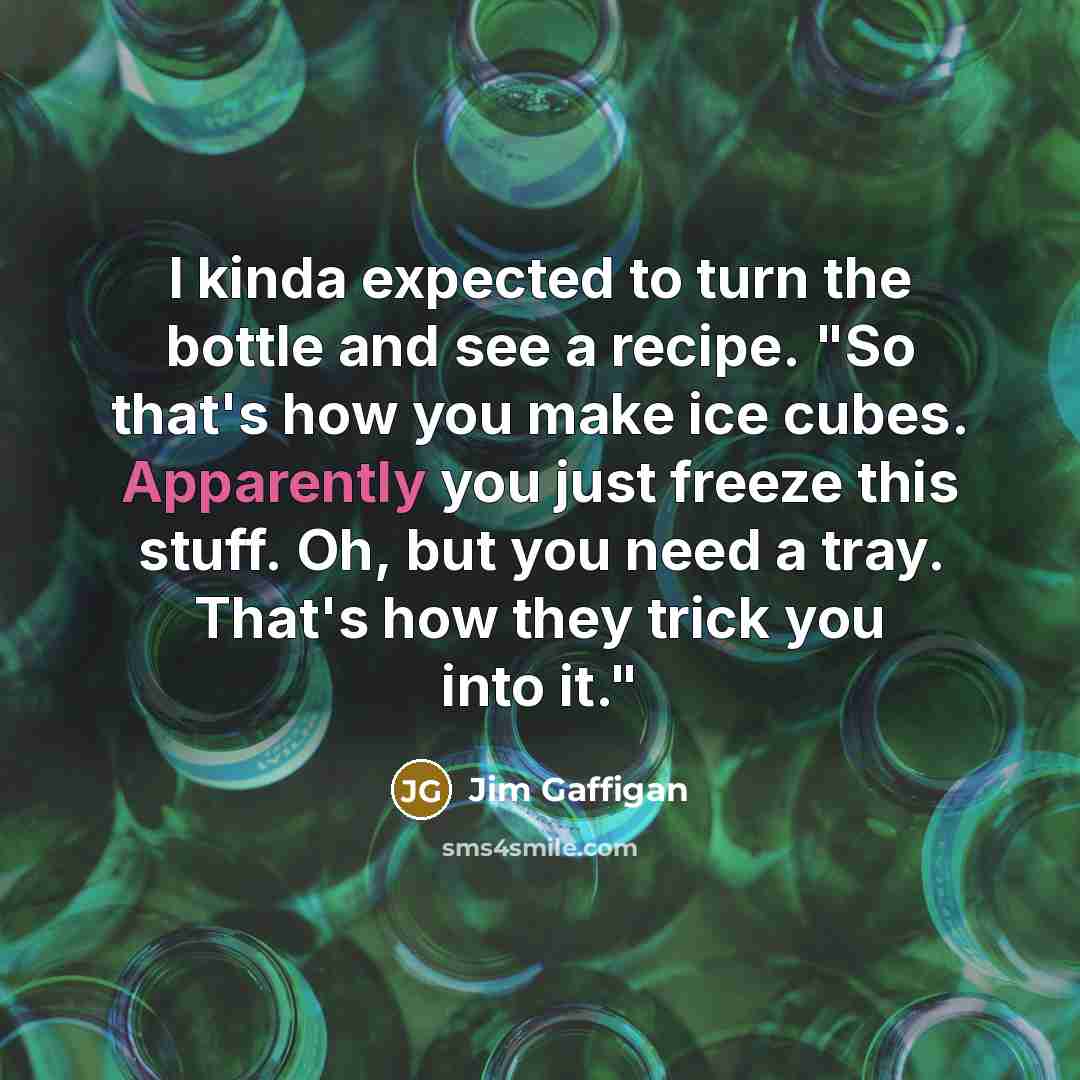 “I kinda expected to turn the bottle and see a recipe. "So that's how you make ice cubes. Apparently you just freeze this stuff. Oh, but you need a tray. That's how they trick you into it."” quote by Jim Gaffigan