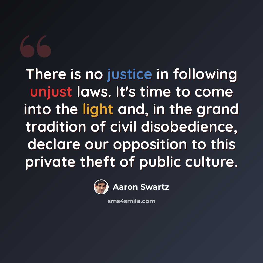 “There is no justice in following unjust laws. It's time to come into the light and, in the grand tradition of civil disobedience, declare our opposition to this private theft of public culture.” quote by Aaron Swartz