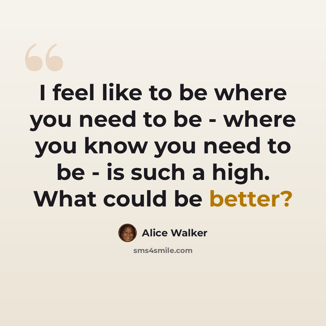 “I feel like to be where you need to be - where you know you need to be - is such a high. What could be better?” quote by Alice Walker