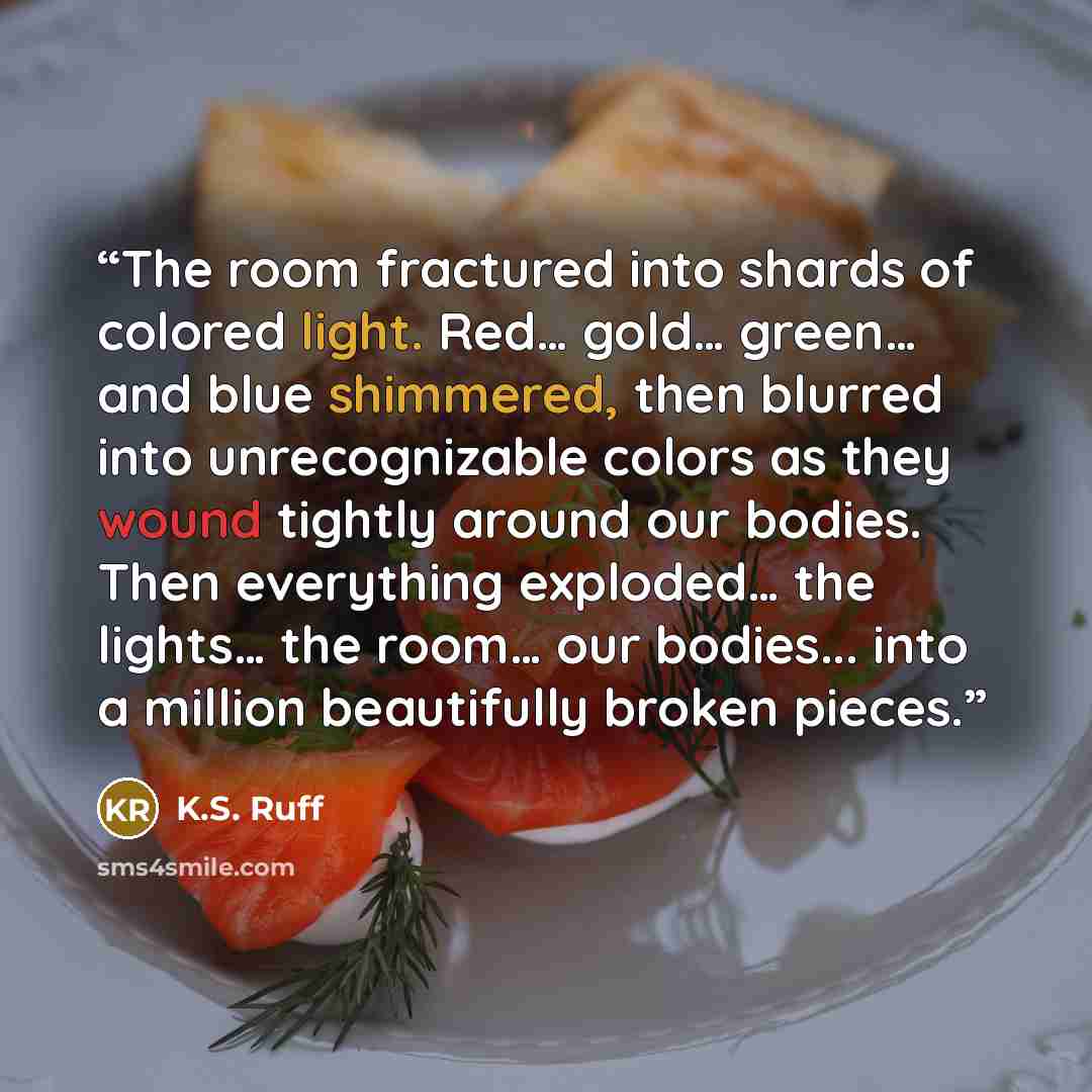 “The room fractured into shards of colored light. Red… gold… green… and blue shimmered, then blurred into unrecognizable colors as they wound tightly around our bodies. Then everything exploded… the lights… the room… our bodies... into a million beautifully broken pieces.” quote by K.S. Ruff