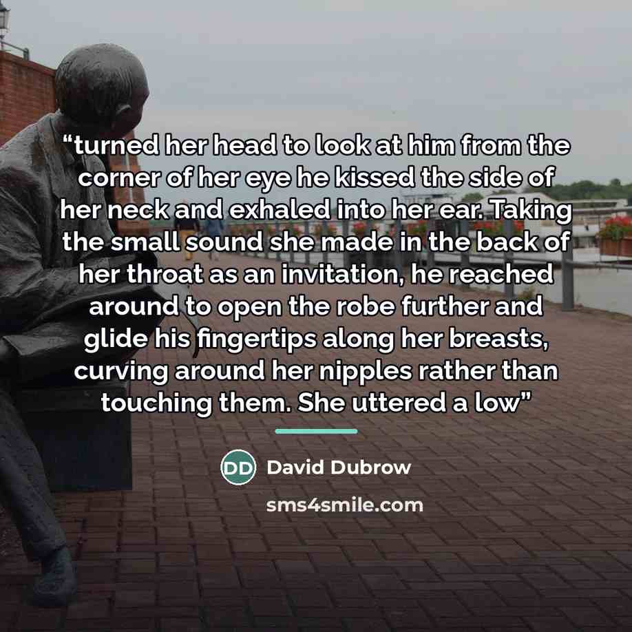 “turned her head to look at him from the corner of her eye he kissed the side of her neck and exhaled into her ear. Taking the small sound she made in the back of her throat as an invitation, he reached around to open the robe further and glide his fingertips along her breasts, curving around her…” quote by David Dubrow