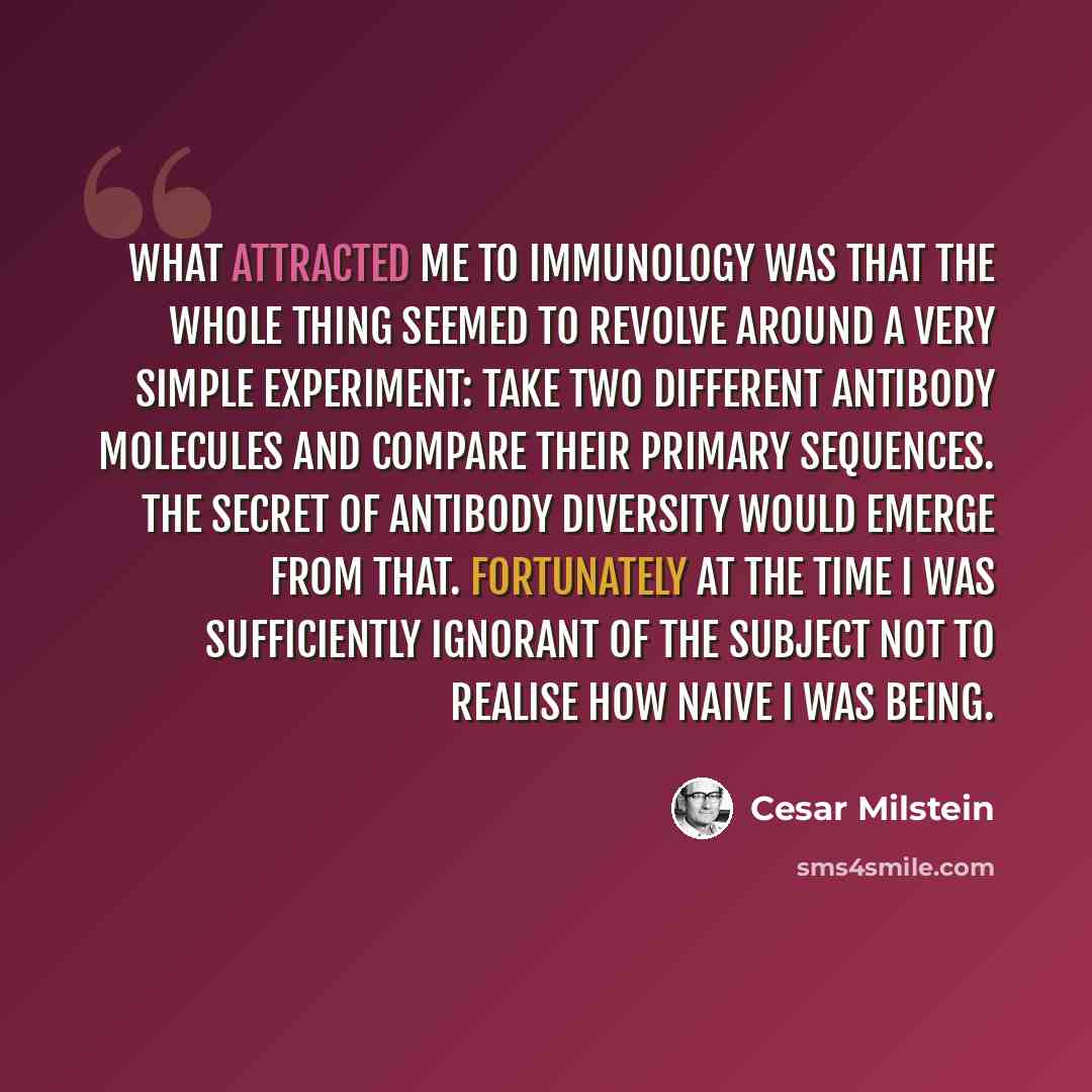 “What attracted me to immunology was that the whole thing seemed to revolve around a very simple experiment: take two different antibody molecules and compare their primary sequences. The secret of antibody diversity would emerge from that. Fortunately at the time I was sufficiently ignorant of the…” quote by Cesar Milstein