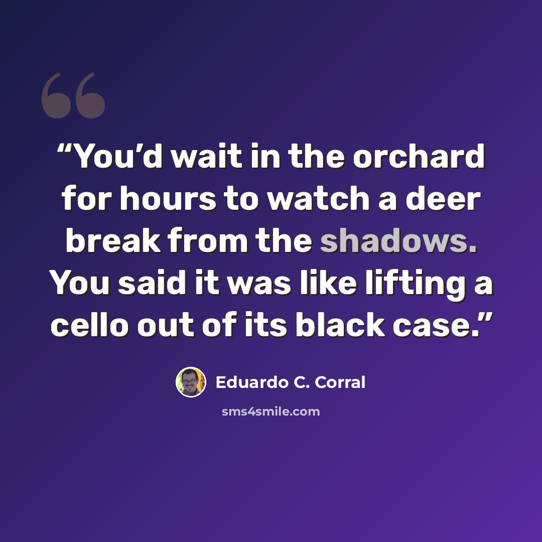 “You’d wait in the orchard for hours to watch a deer break from the shadows. You said it was like lifting a cello out of its black case.” quote by Eduardo C. Corral