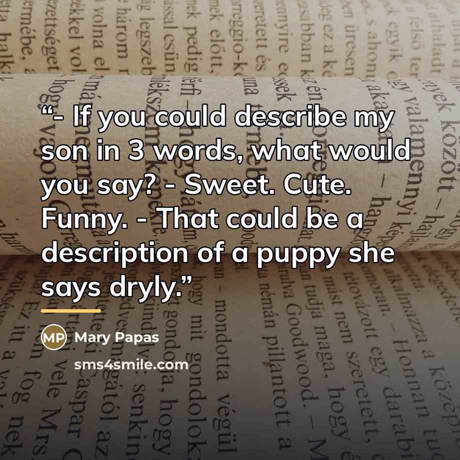 “- If you could describe my son in 3 words, what would you say? - Sweet. Cute. Funny. - That could be a description of a puppy she says dryly.” quote by Mary Papas