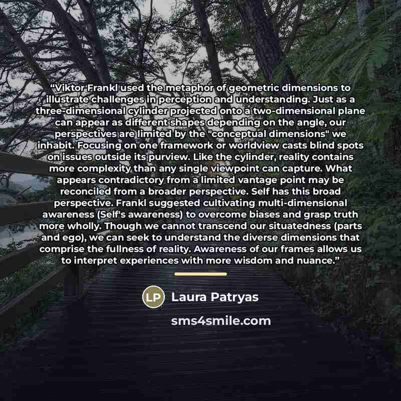 “Viktor Frankl used the metaphor of geometric dimensions to illustrate challenges in perception and understanding. Just as a three-dimensional cylinder projected onto a two-dimensional plane can appear as different shapes depending on the angle, our perspectives are limited by the "conceptual…” quote by Laura Patryas