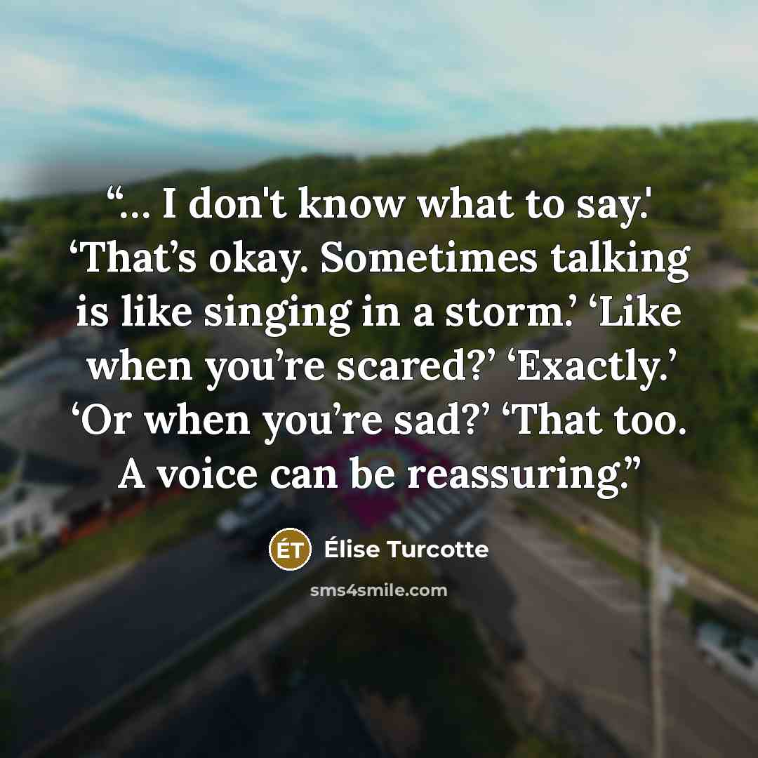 “… I don't know what to say.' ‘That’s okay. Sometimes talking is like singing in a storm.’ ‘Like when you’re scared?’ ‘Exactly.’ ‘Or when you’re sad?’ ‘That too. A voice can be reassuring.” quote by Élise Turcotte
