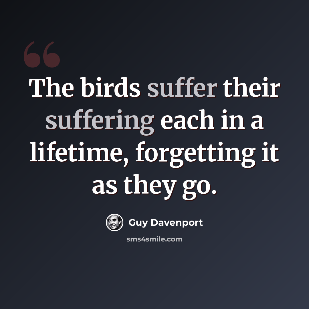 “The birds suffer their suffering each in a lifetime, forgetting it as they go.” quote by Guy Davenport