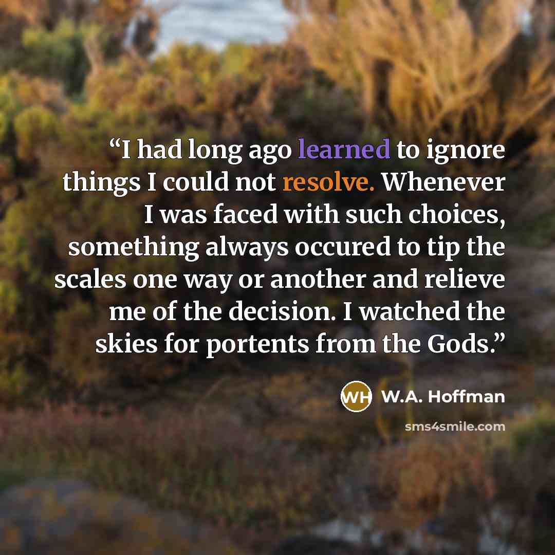 “I had long ago learned to ignore things I could not resolve. Whenever I was faced with such choices, something always occured to tip the scales one way or another and relieve me of the decision. I watched the skies for portents from the Gods.” quote by W.A. Hoffman