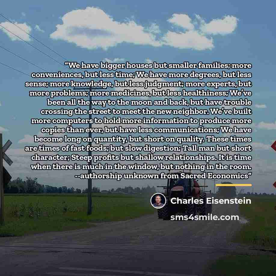 “We have bigger houses but smaller families; more conveniences, but less time; We have more degrees, but less sense; more knowledge, but less judgment; more experts, but more problems; more medicines, but less healthiness; We’ve been all the way to the moon and back, but have trouble crossing the…” quote by Charles Eisenstein