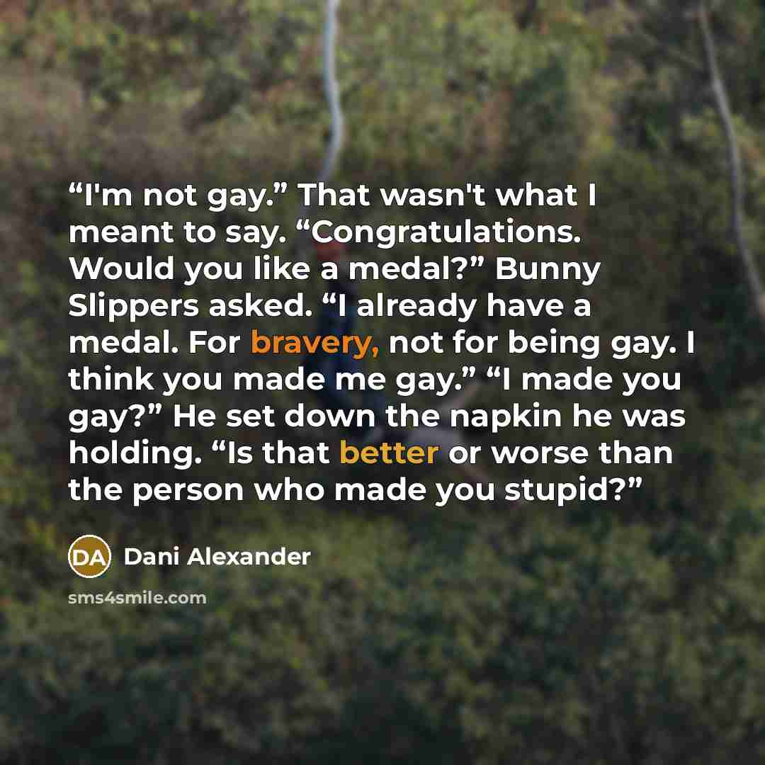 “I'm not gay.” That wasn't what I meant to say. “Congratulations. Would you like a medal?” Bunny Slippers asked. “I already have a medal. For bravery, not for being gay. I think you made me gay.” “I made you gay?” He set down the napkin he was holding. “Is that better or worse than the person who…” quote by Dani Alexander