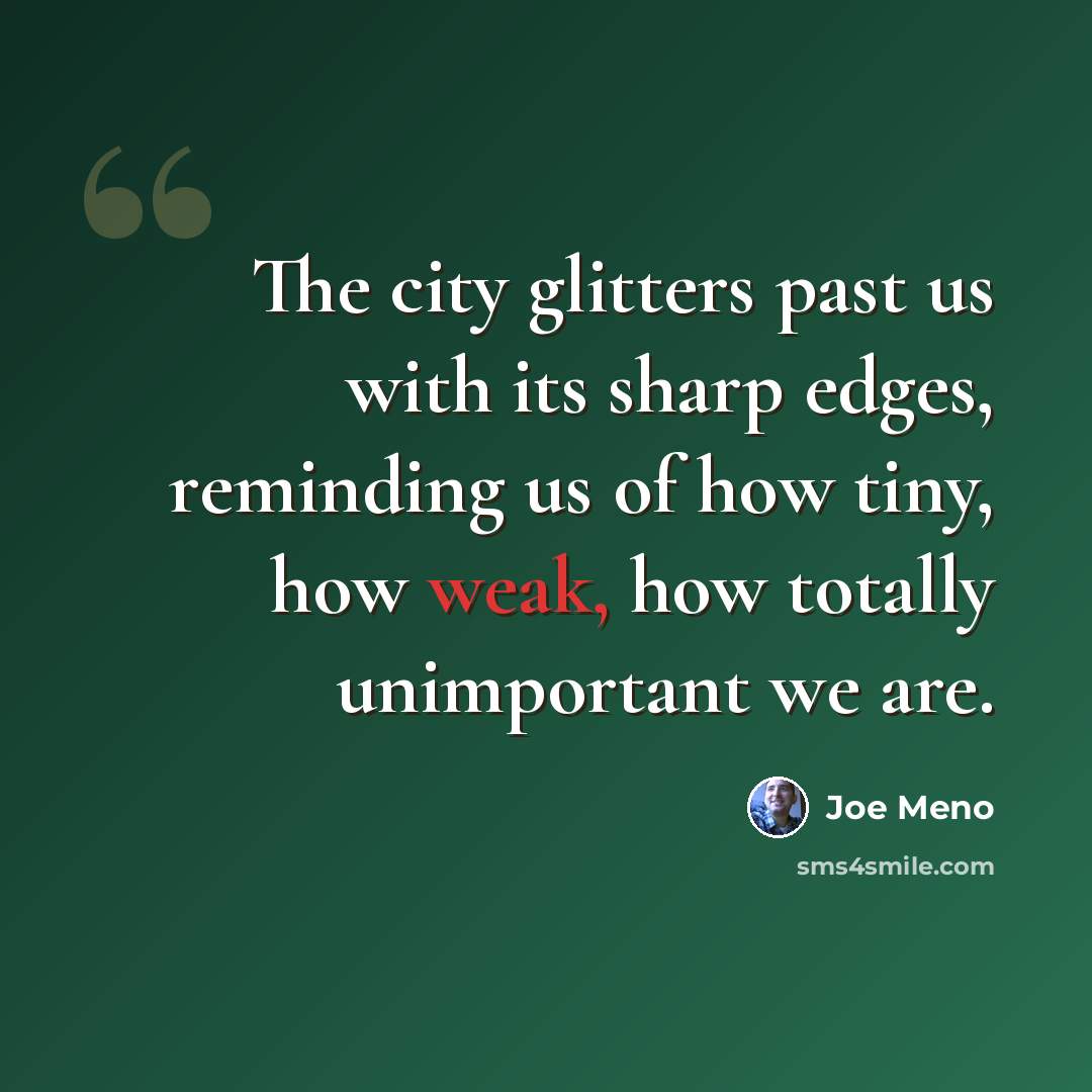 “The city glitters past us with its sharp edges, reminding us of how tiny, how weak, how totally unimportant we are.” quote by Joe Meno