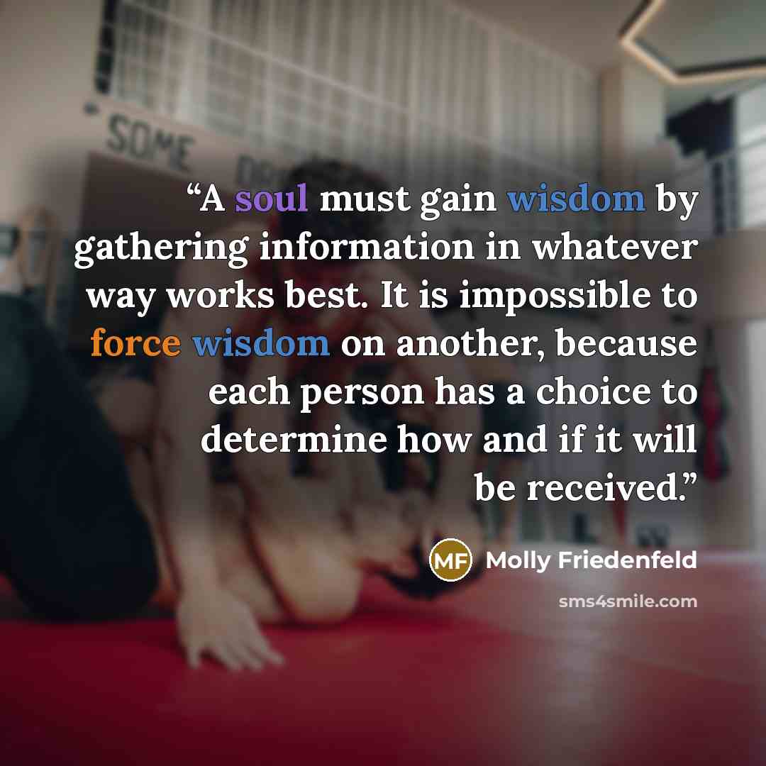 “A soul must gain wisdom by gathering information in whatever way works best. It is impossible to force wisdom on another, because each person has a choice to determine how and if it will be received.” quote by Molly Friedenfeld