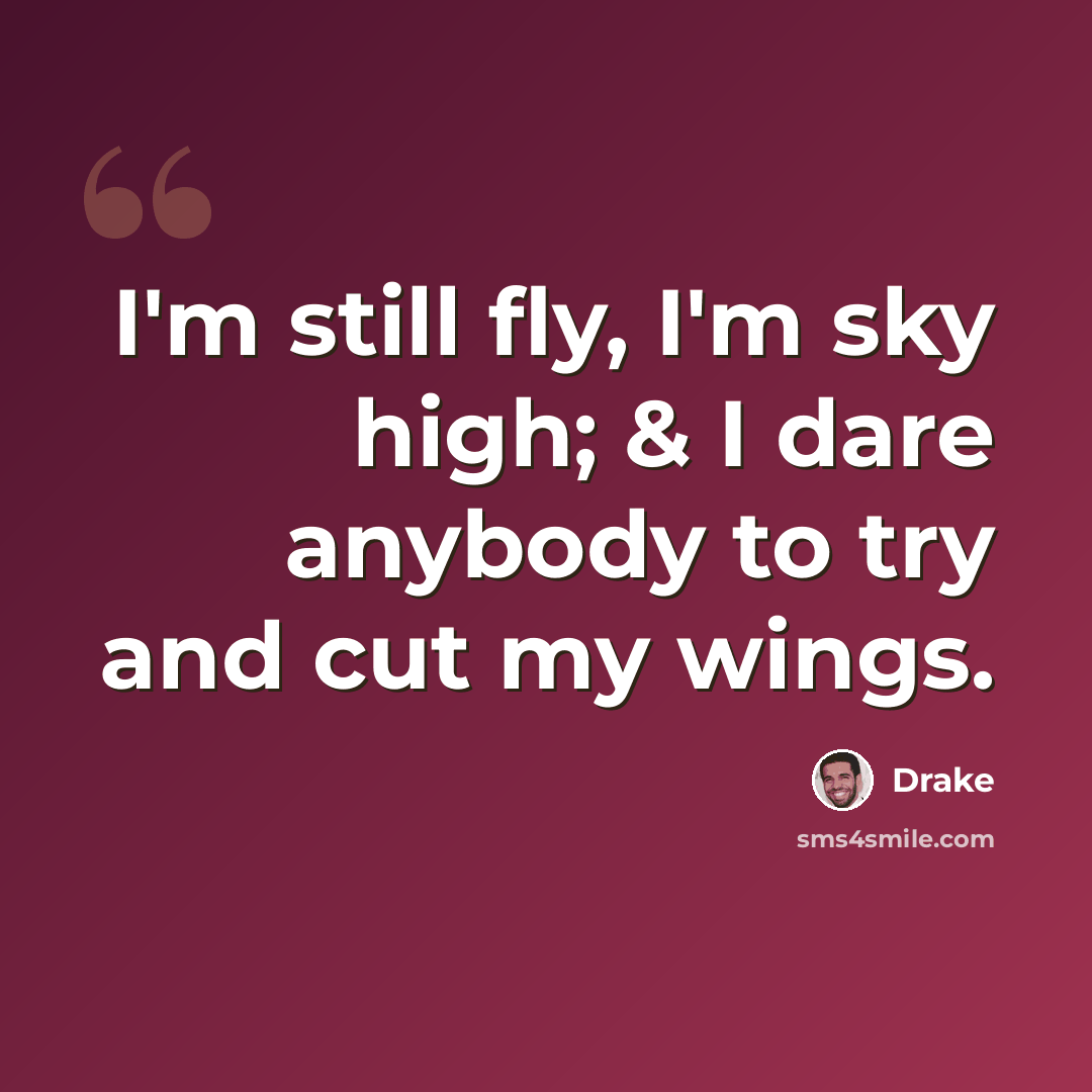 “I'm still fly, I'm sky high; & I dare anybody to try and cut my wings.” quote by Drake