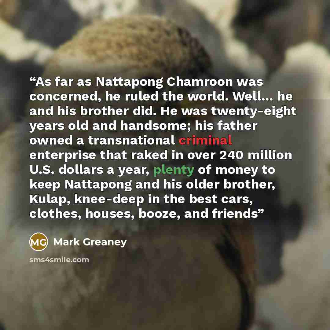 “As far as Nattapong Chamroon was concerned, he ruled the world. Well… he and his brother did. He was twenty-eight years old and handsome; his father owned a transnational criminal enterprise that raked in over 240 million U.S. dollars a year, plenty of money to keep Nattapong and his older…” quote by Mark Greaney