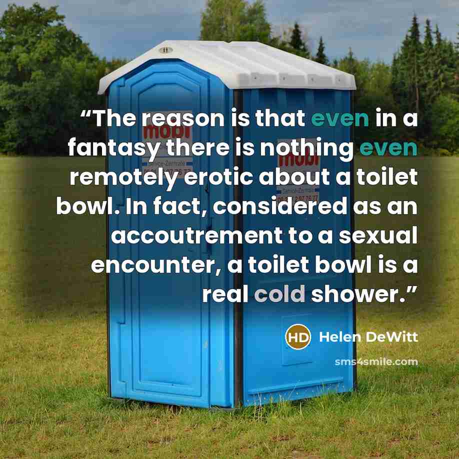 “The reason is that even in a fantasy there is nothing even remotely erotic about a toilet bowl. In fact, considered as an accoutrement to a sexual encounter, a toilet bowl is a real cold shower.” quote by Helen DeWitt