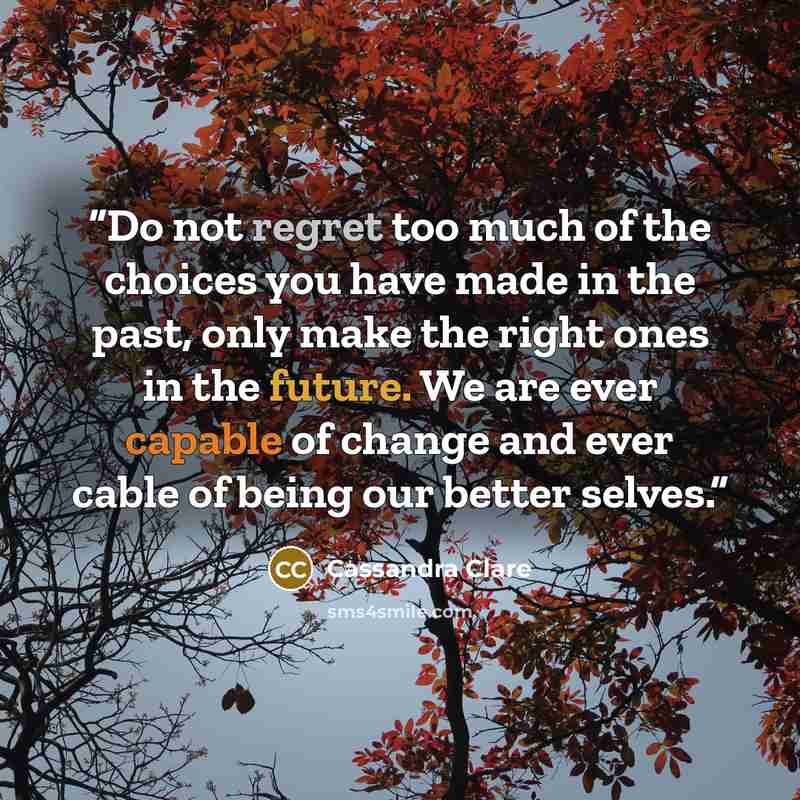 “Do not regret too much of the choices you have made in the past, only make the right ones in the future. We are ever capable of change and ever cable of being our better selves.” quote by Cassandra Clare