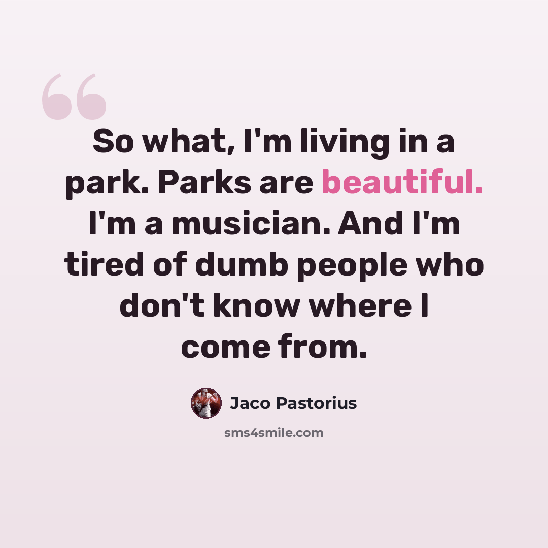 “So what, I'm living in a park. Parks are beautiful. I'm a musician. And I'm tired of dumb people who don't know where I come from.” quote by Jaco Pastorius