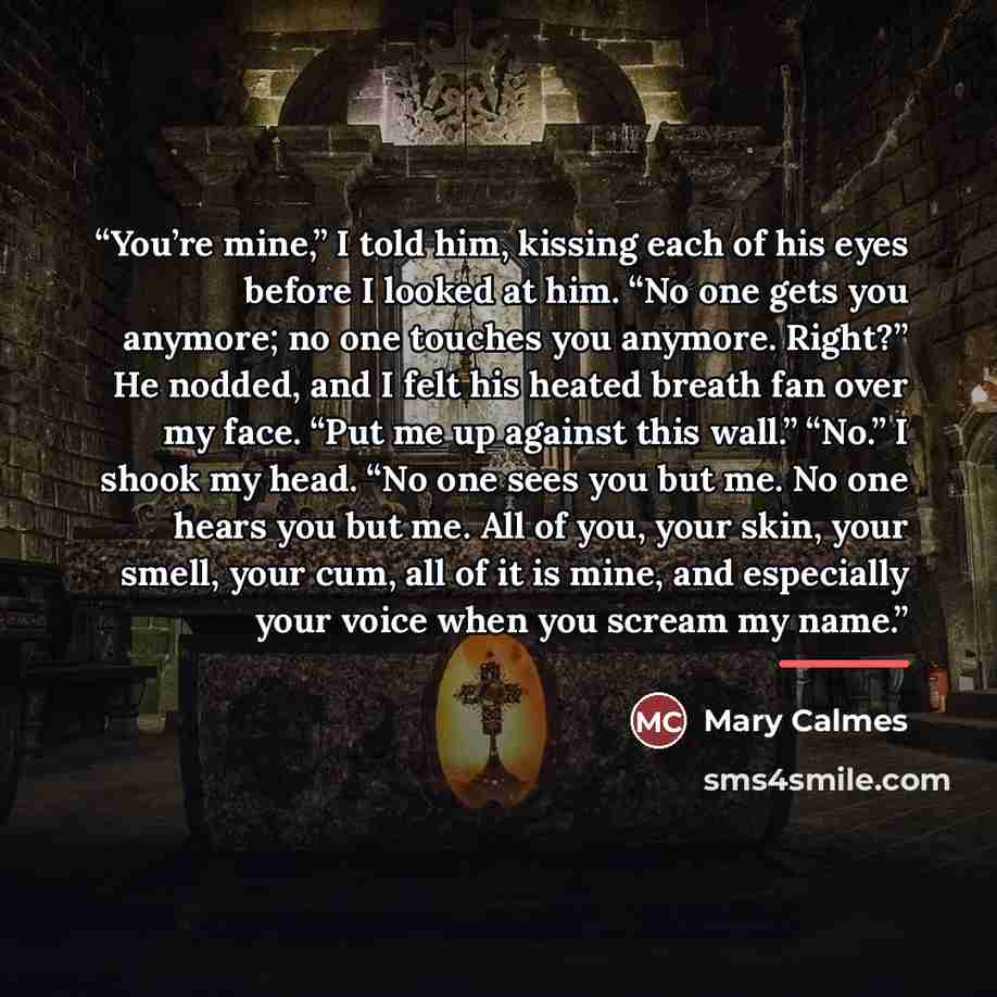 “You’re mine,” I told him, kissing each of his eyes before I looked at him. “No one gets you anymore; no one touches you anymore. Right?” He nodded, and I felt his heated breath fan over my face. “Put me up against this wall.” “No.” I shook my head. “No one sees you but me. No one hears you but me…” quote by Mary Calmes