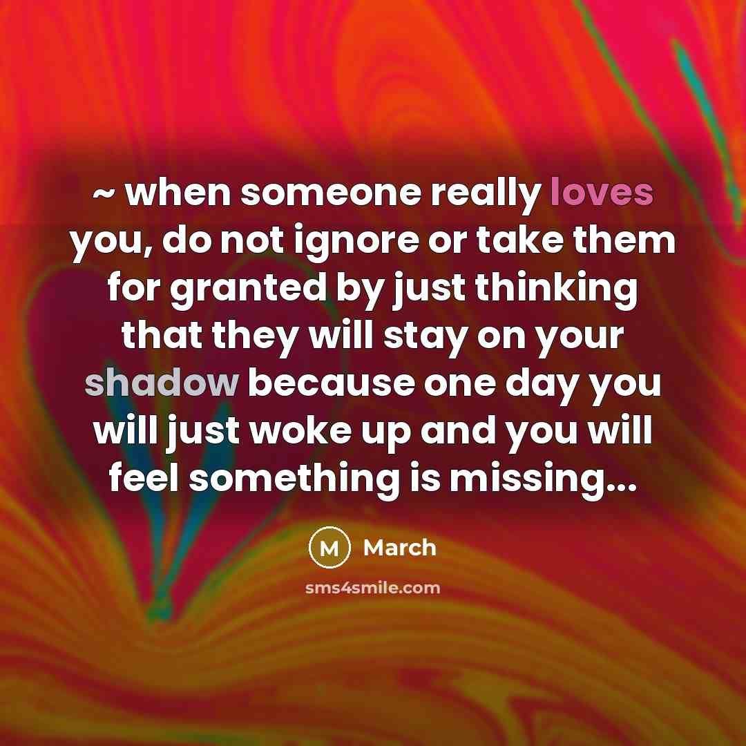 “~ when someone really loves you, do not ignore or take them for granted by just thinking that they will stay on your shadow because one day you will just woke up and you will feel something is missing...” quote by March