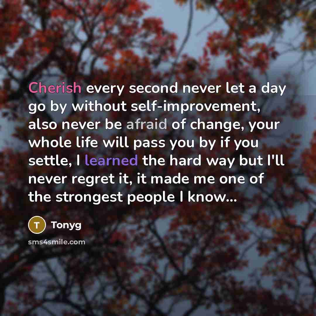 “Cherish every second never let a day go by without self-improvement, also never be afraid of change, your whole life will pass you by if you settle, I learned the hard way but I'll never regret it, it made me one of the strongest people I know...” quote by Tonyg