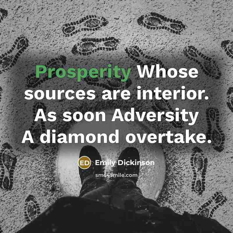 “Prosperity Whose sources are interior. As soon Adversity A diamond overtake.” quote by Emily Dickinson