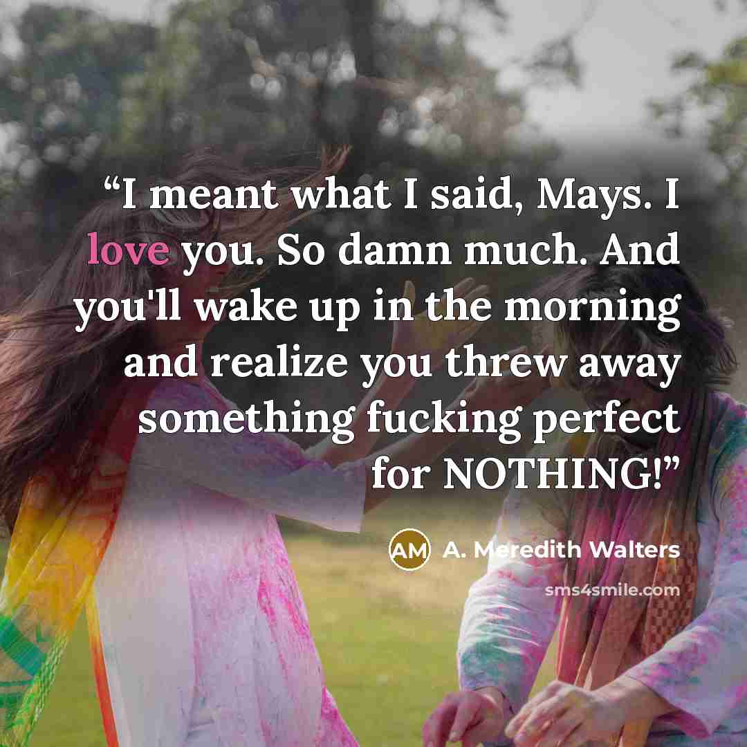 “I meant what I said, Mays. I love you. So damn much. And you'll wake up in the morning and realize you threw away something fucking perfect for NOTHING!” quote by A. Meredith Walters