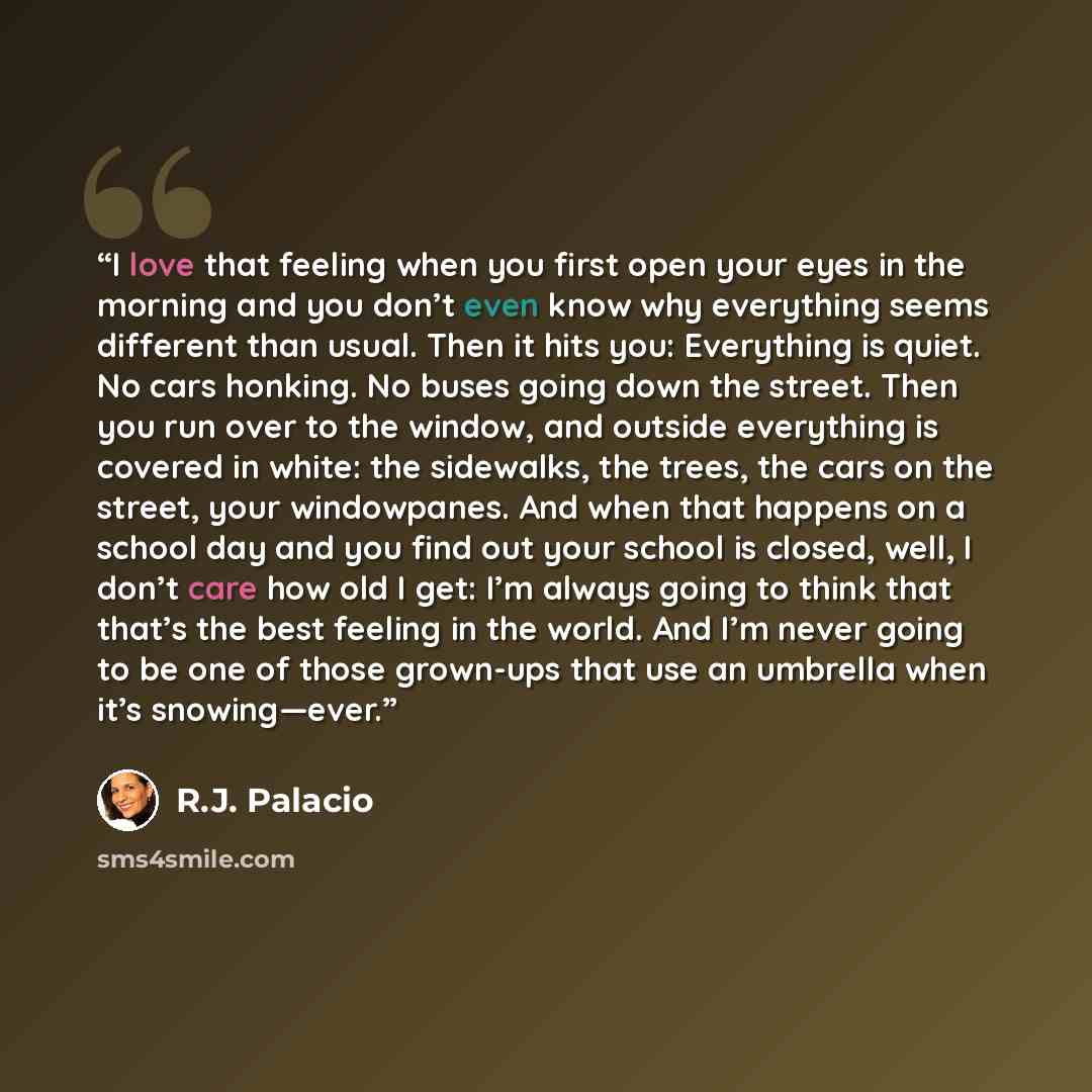 “I love that feeling when you first open your eyes in the morning and you don’t even know why everything seems different than usual. Then it hits you: Everything is quiet. No cars honking. No buses going down the street. Then you run over to the window, and outside everything is covered in white…” quote by R.J. Palacio