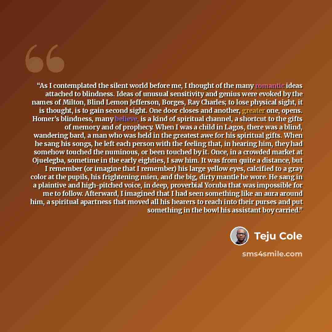 “As I contemplated the silent world before me, I thought of the many romantic ideas attached to blindness. Ideas of unusual sensitivity and genius were evoked by the names of Milton, Blind Lemon Jefferson, Borges, Ray Charles; to lose physical sight, it is thought, is to gain second sight. One door…” quote by Teju Cole