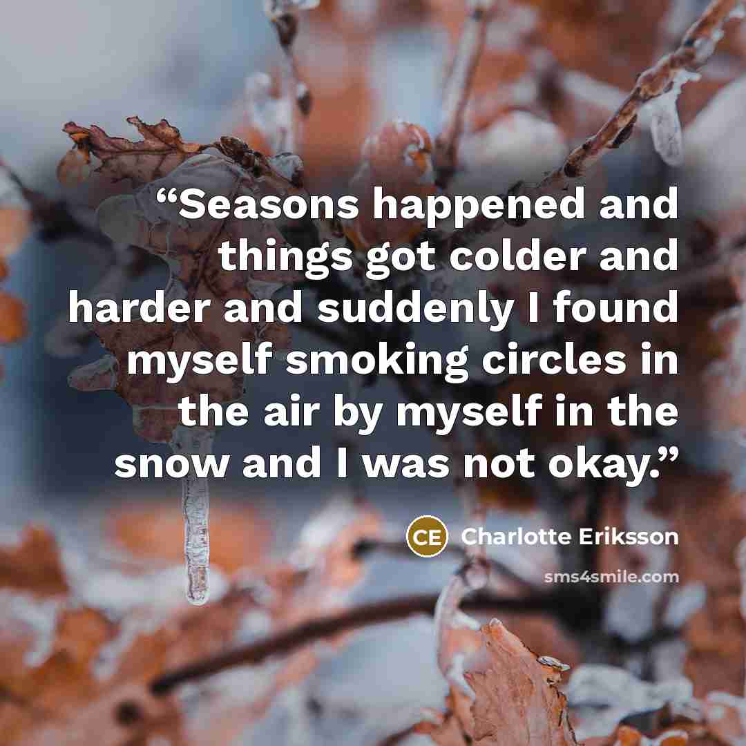 “Seasons happened and things got colder and harder and suddenly I found myself smoking circles in the air by myself in the snow and I was not okay.” quote by Charlotte Eriksson
