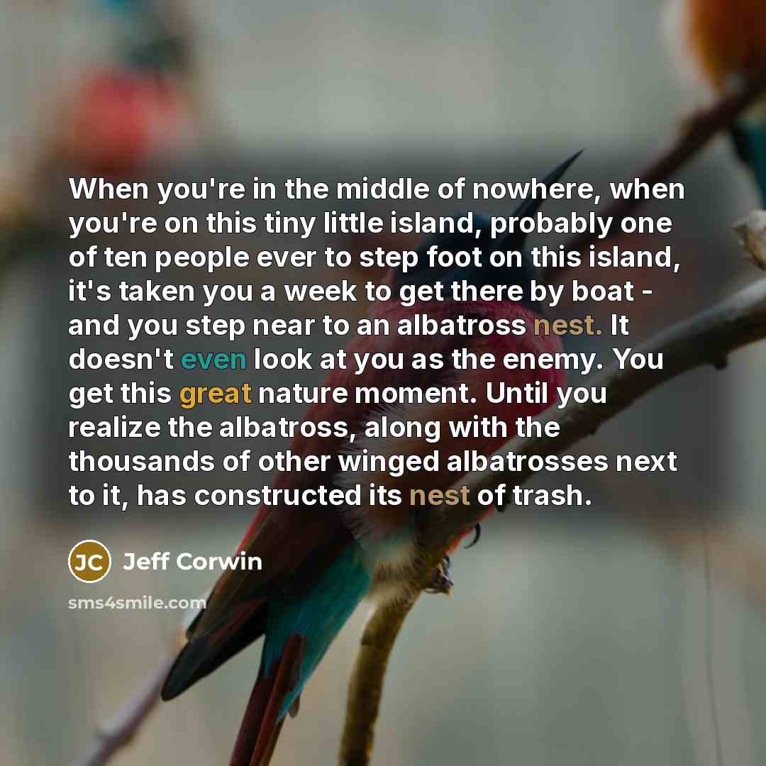 “When you're in the middle of nowhere, when you're on this tiny little island, probably one of ten people ever to step foot on this island, it's taken you a week to get there by boat - and you step near to an albatross nest. It doesn't even look at you as the enemy. You get this great nature…” quote by Jeff Corwin