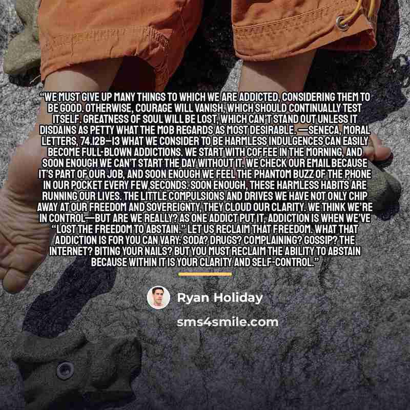 “We must give up many things to which we are addicted, considering them to be good. Otherwise, courage will vanish, which should continually test itself. Greatness of soul will be lost, which can’t stand out unless it disdains as petty what the mob regards as most desirable. —SENECA, MORAL LETTERS…” quote by Ryan Holiday