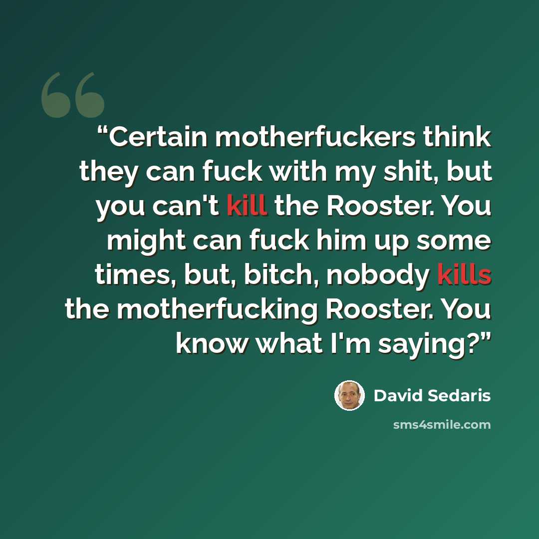 “Certain motherfuckers think they can fuck with my shit, but you can't kill the Rooster. You might can fuck him up some times, but, bitch, nobody kills the motherfucking Rooster. You know what I'm saying?” quote by David Sedaris