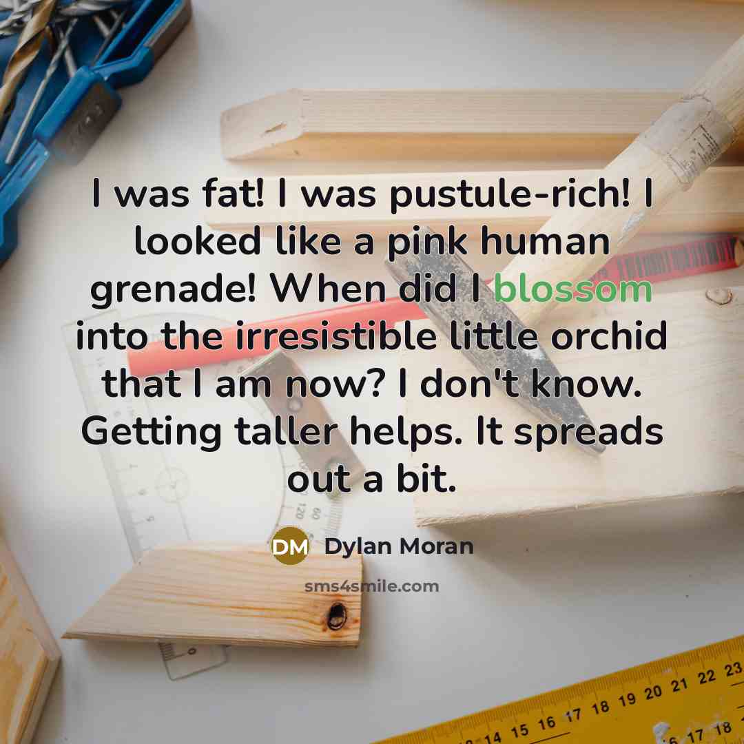 “I was fat! I was pustule-rich! I looked like a pink human grenade! When did I blossom into the irresistible little orchid that I am now? I don't know. Getting taller helps. It spreads out a bit.” quote by Dylan Moran