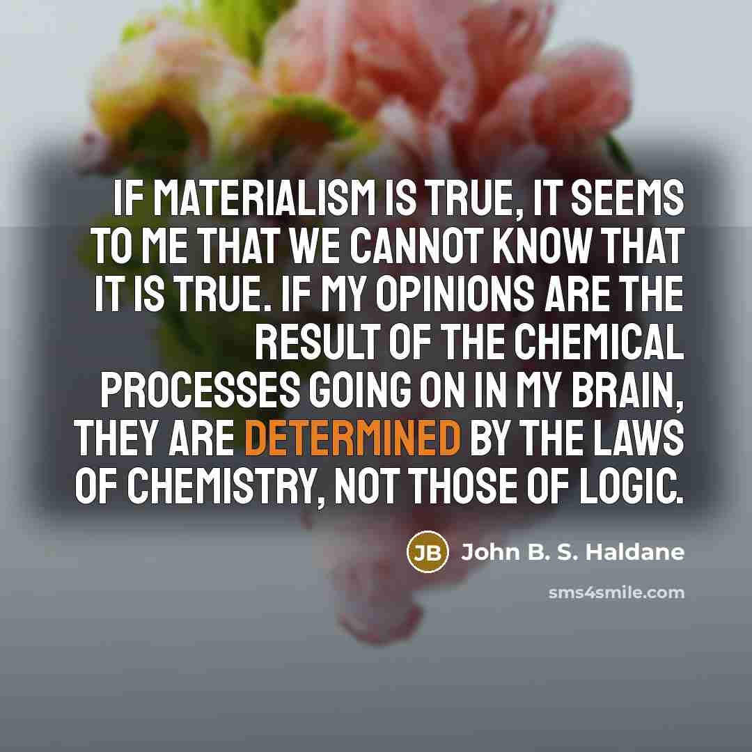 “If materialism is true, it seems to me that we cannot know that it is true. If my opinions are the result of the chemical processes going on in my brain, they are determined by the laws of chemistry, not those of logic.” quote by John B. S. Haldane