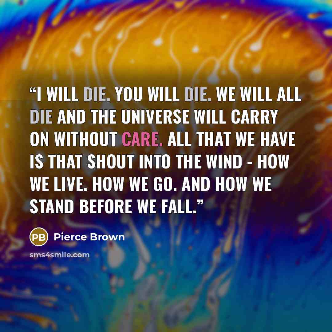 “I will die. You will die. We will all die and the universe will carry on without care. All that we have is that shout into the wind - how we live. How we go. And how we stand before we fall.” quote by Pierce Brown