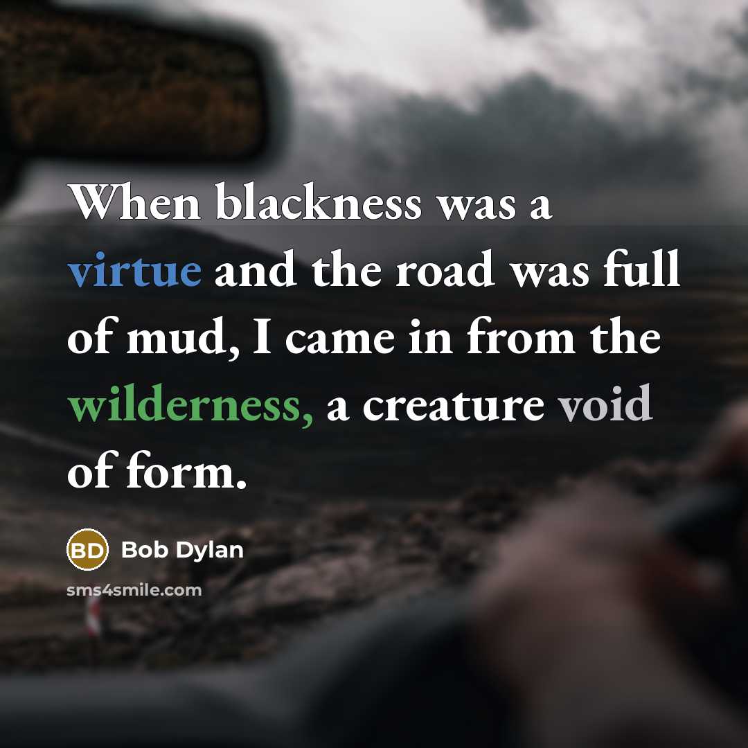 “When blackness was a virtue and the road was full of mud, I came in from the wilderness, a creature void of form.” quote by Bob Dylan