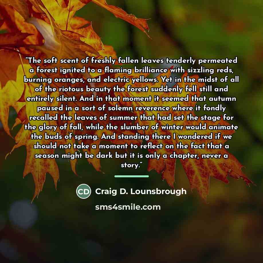 “The soft scent of freshly fallen leaves tenderly permeated a forest ignited to a flaming brilliance with sizzling reds, burning oranges, and electric yellows. Yet in the midst of all of the riotous beauty the forest suddenly fell still and entirely silent. And in that moment it seemed that autumn…” quote by Craig D. Lounsbrough