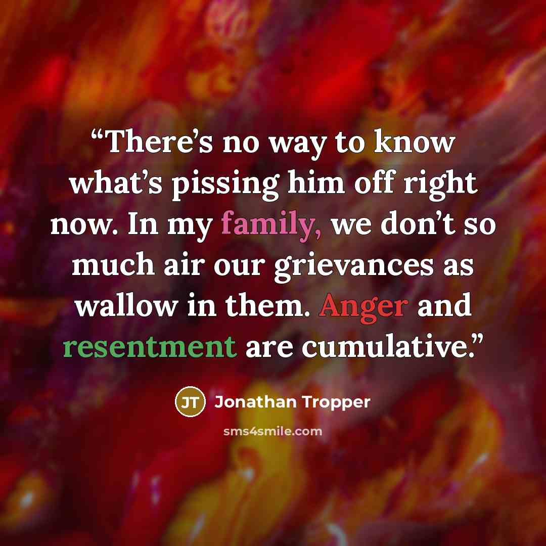 “There’s no way to know what’s pissing him off right now. In my family, we don’t so much air our grievances as wallow in them. Anger and resentment are cumulative.” quote by Jonathan Tropper